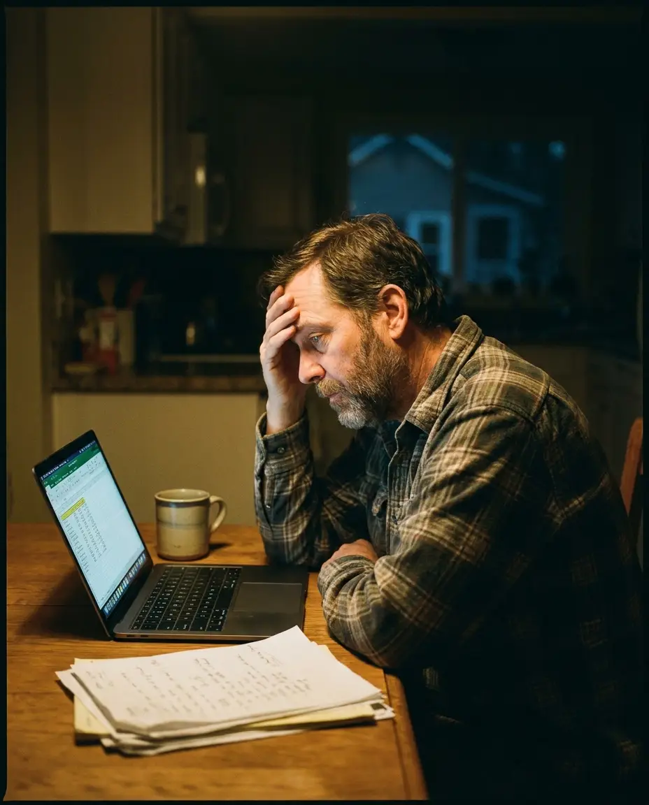 A contractor alone at the kitchen table late at night