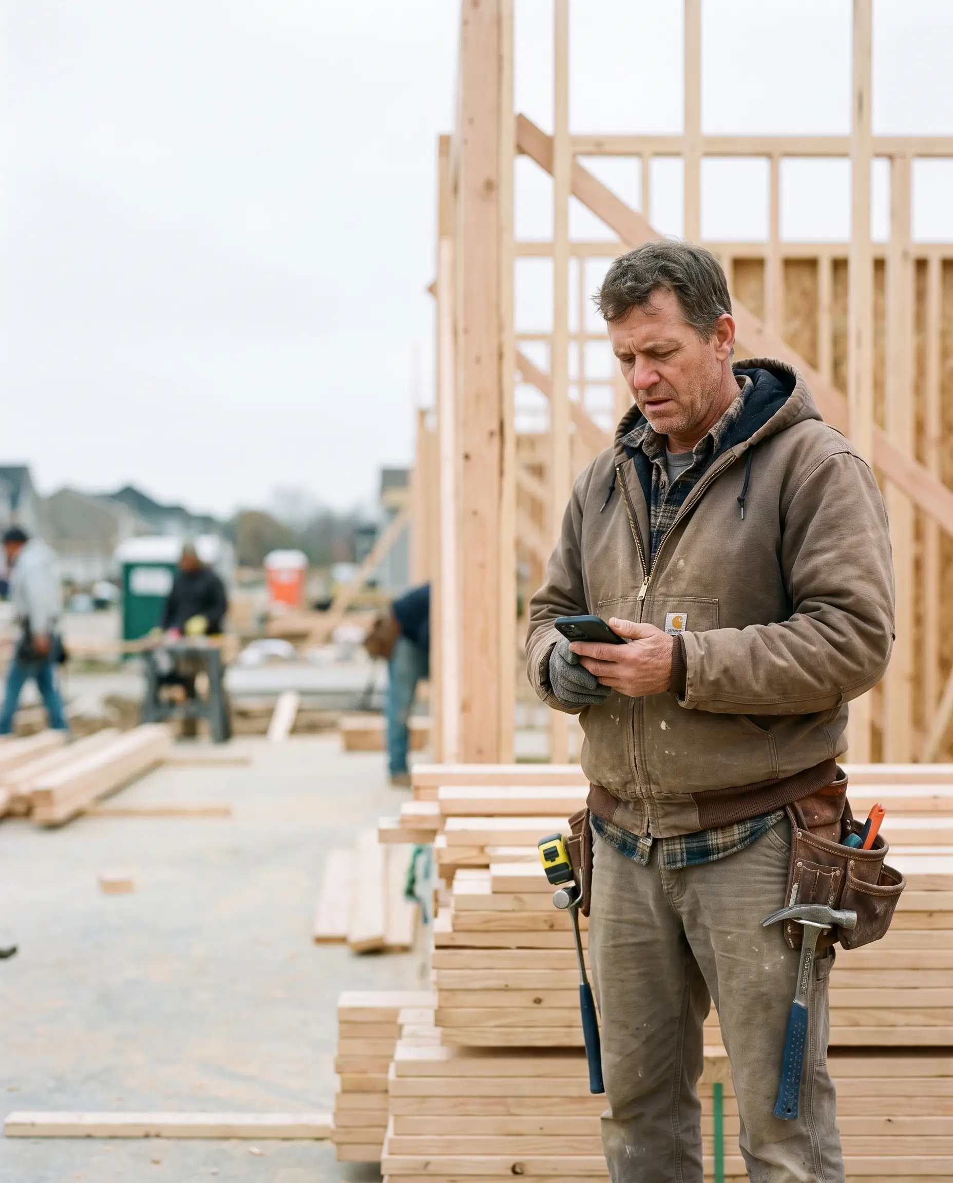 A contractor checking his phone on a job site