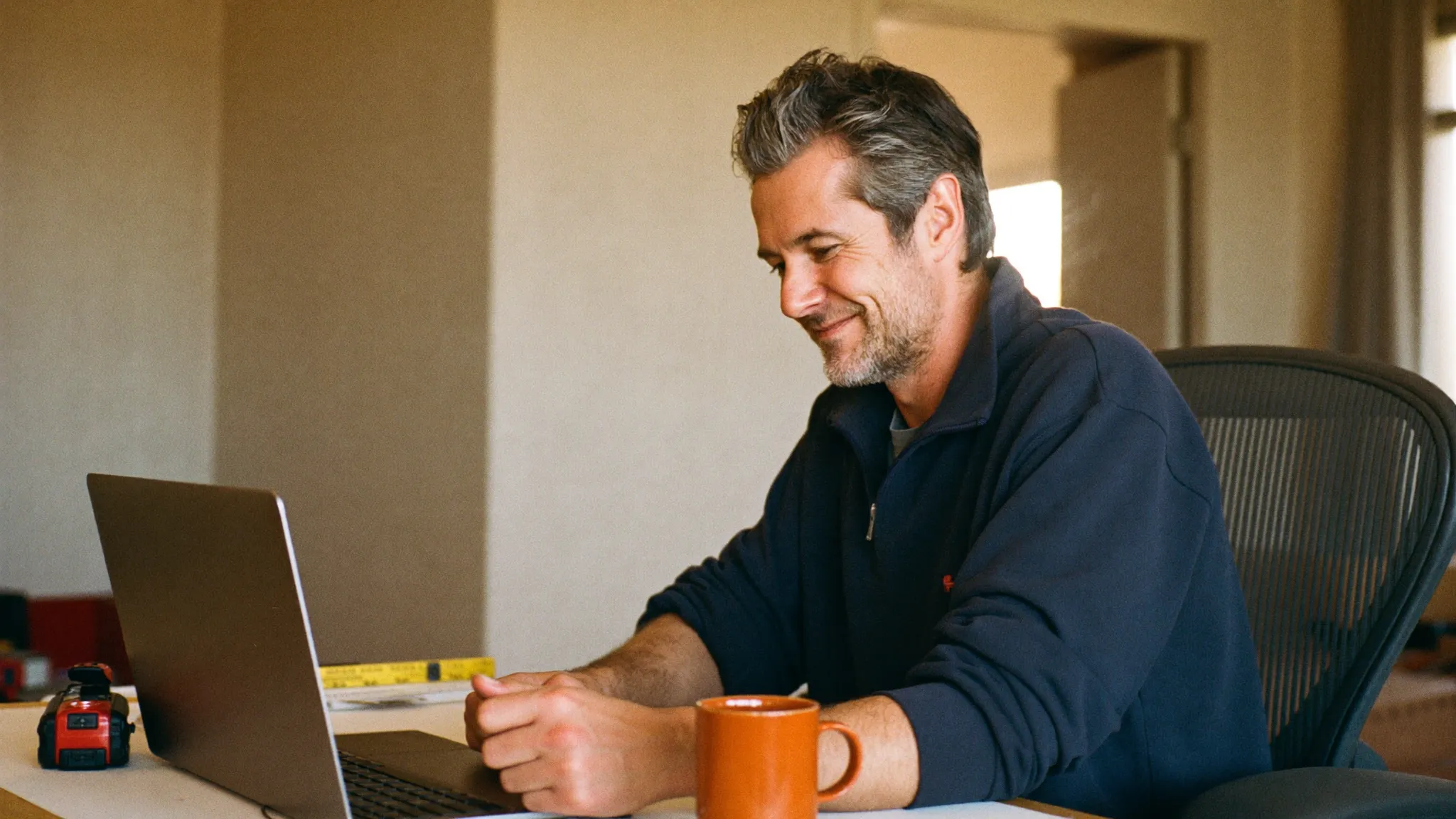 A residential remodeling contractor reviewing his jobs and pipeline on a laptop at his home office