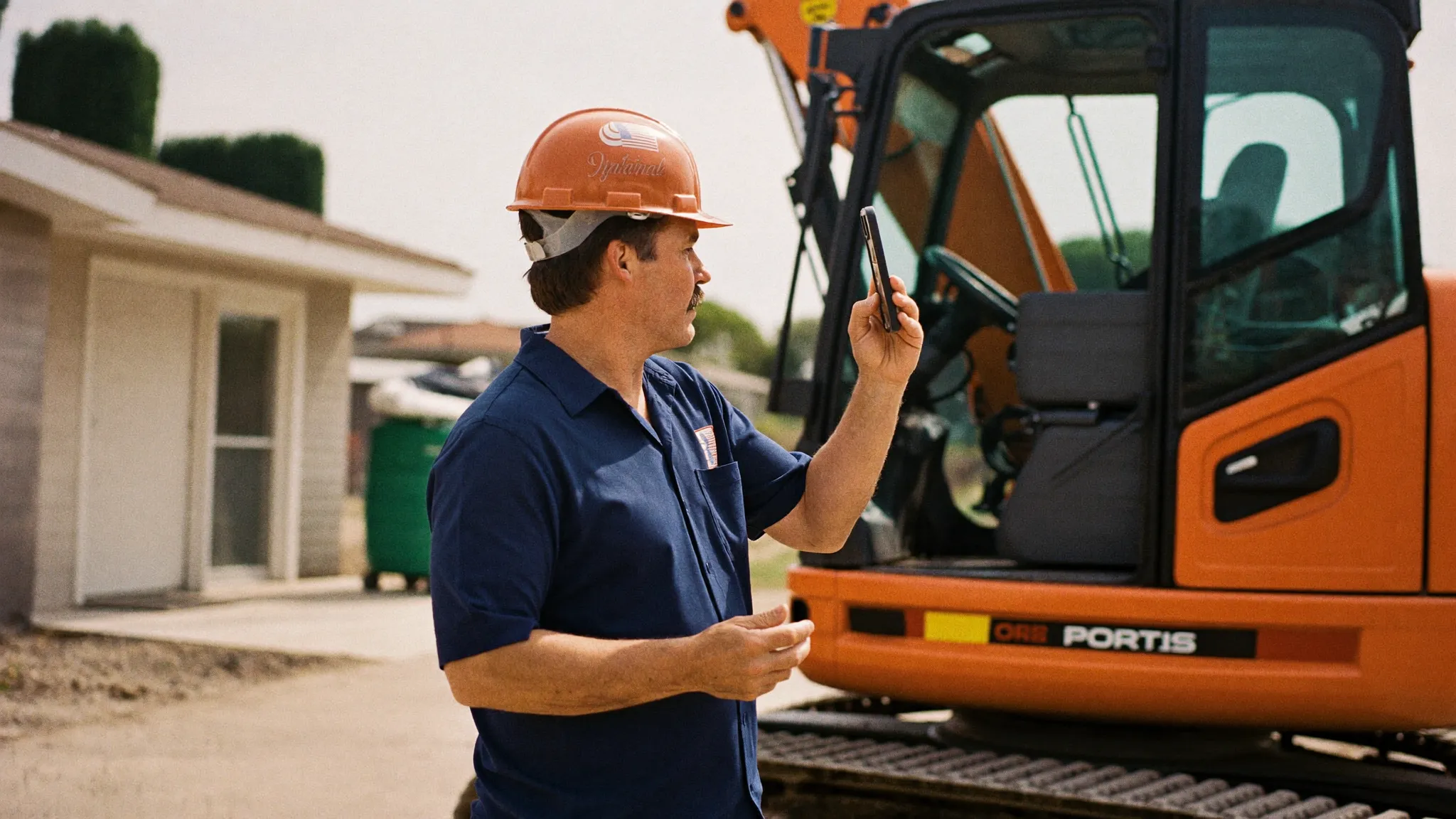 A contractor inspecting and photographing a rented mini excavator on delivery at a job site