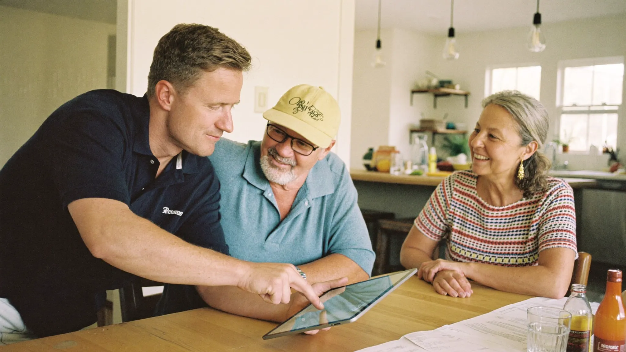 A contractor showing a homeowner couple a monthly payment option on a tablet at the kitchen table
