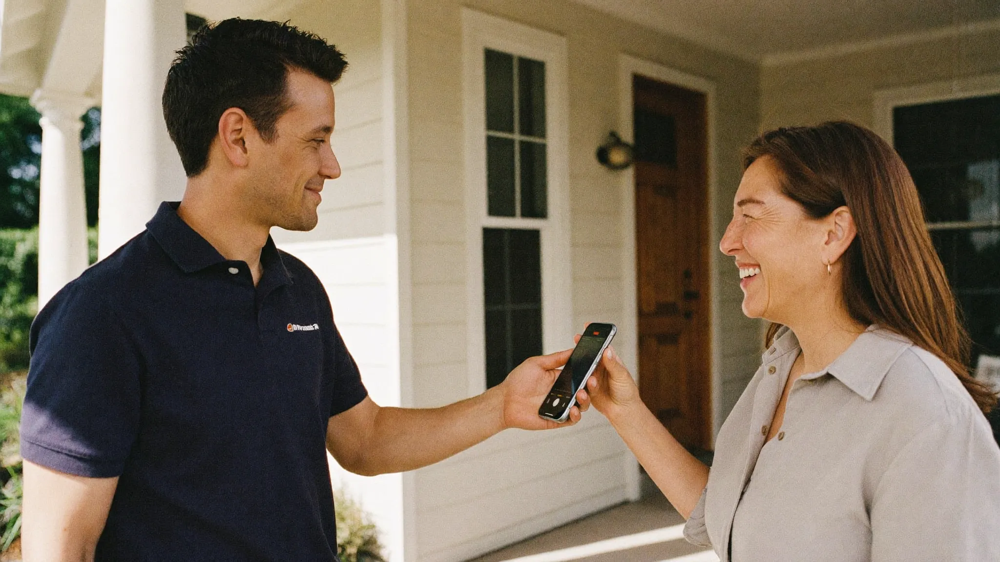 A contractor handing his phone to a happy homeowner to leave a review on a finished front porch