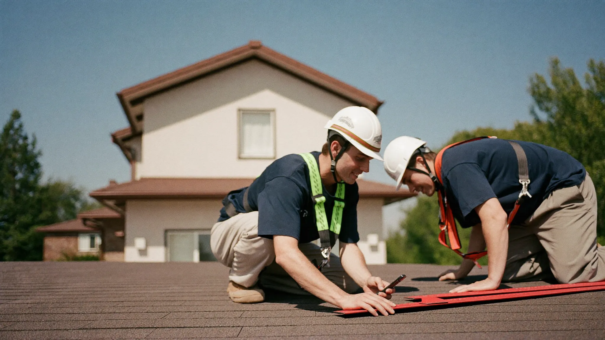 A residential roofing crew working safely in harnesses and hard hats on a home