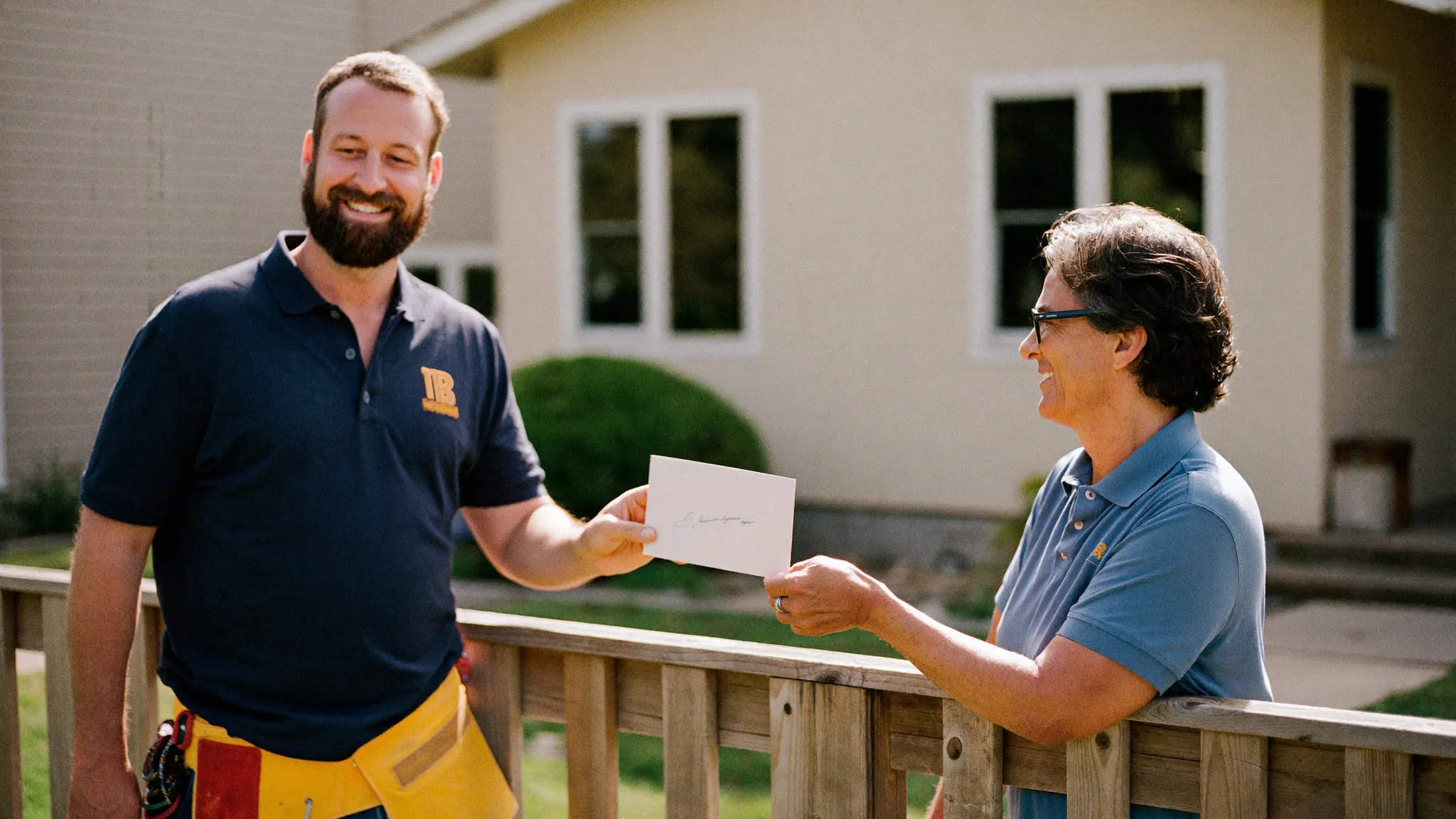 A contractor handing a referral card to a friendly neighbor over a fence by a finished house