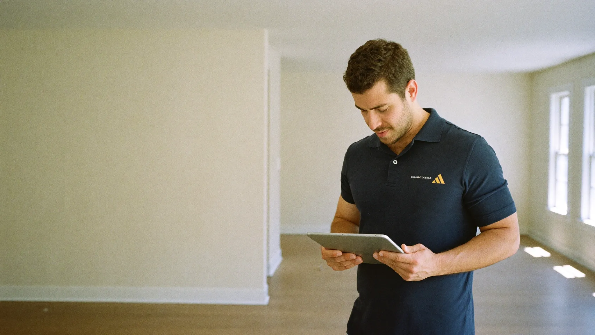 A contractor reviewing his jobs and schedule on a tablet on an organized job site