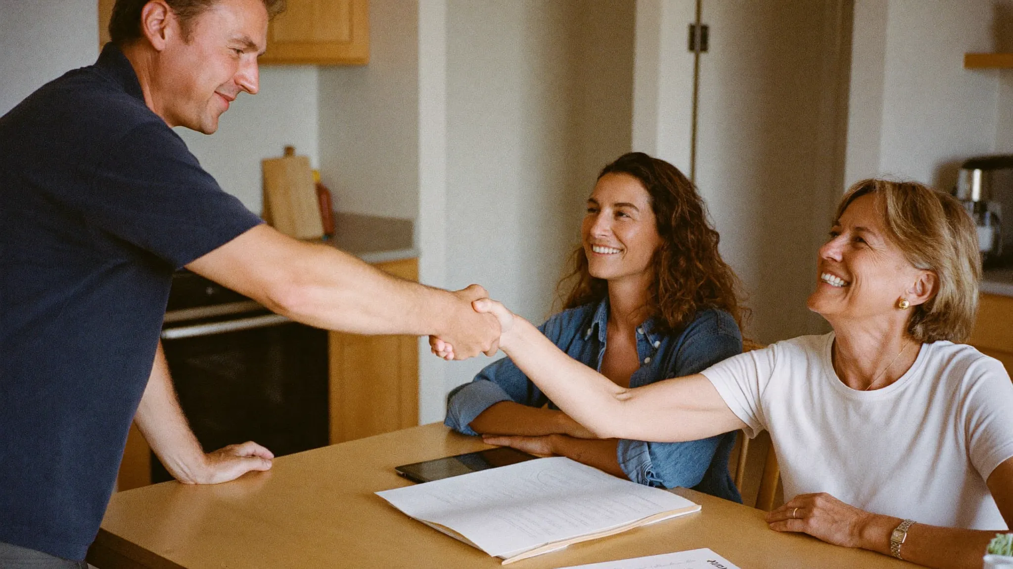 A contractor shaking hands with a happy homeowner couple at their kitchen table after closing a job