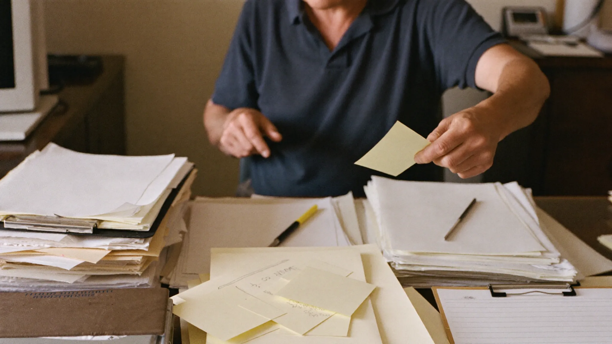 A contractor sorting through a cluttered desk piled with papers and sticky notes