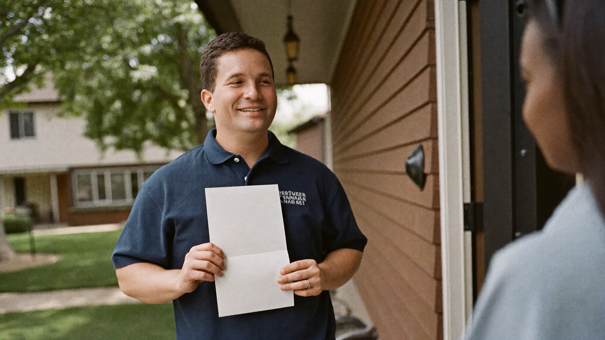 A contractor greeting a neighbor at the front door with a flyer
