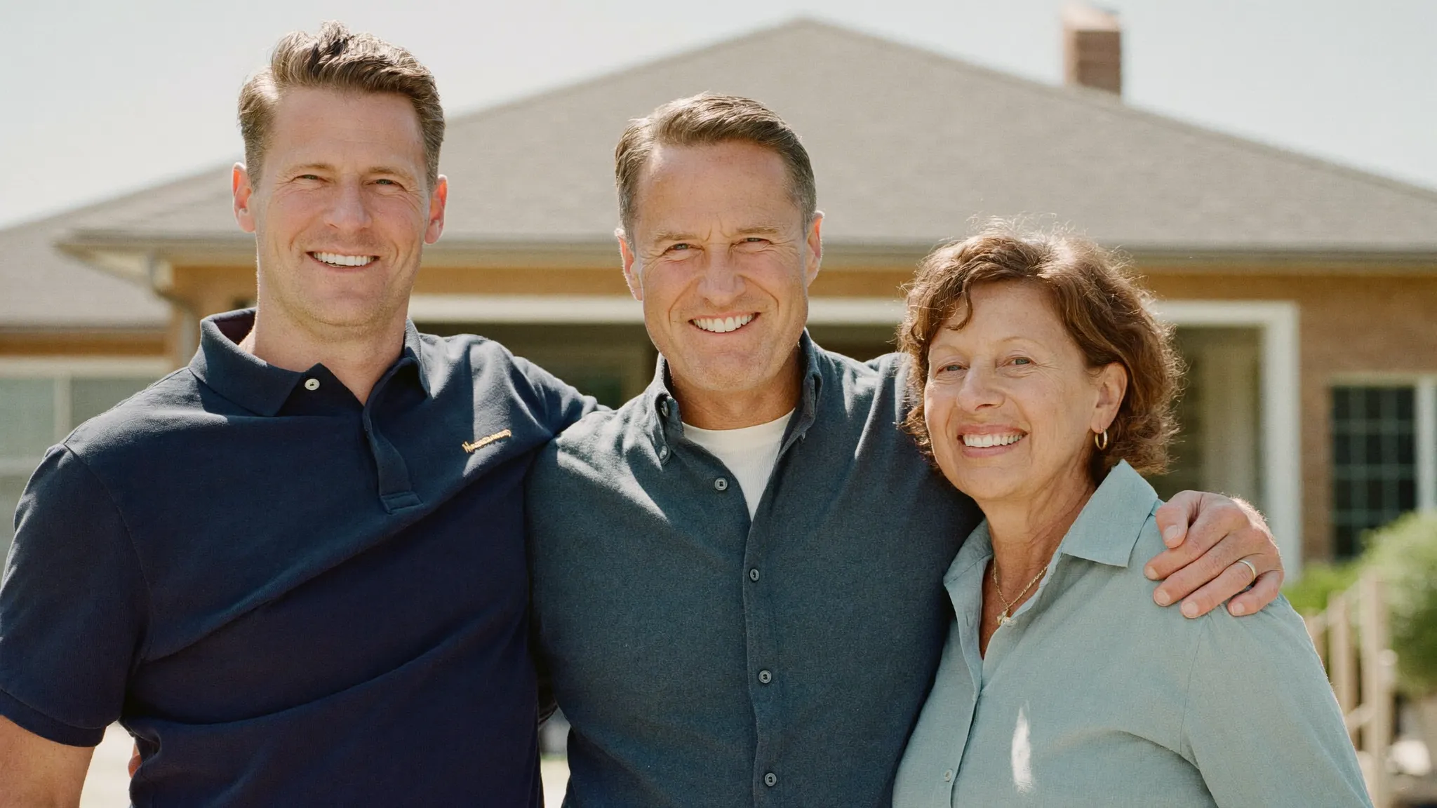 A contractor standing with a happy homeowner couple in front of their finished home
