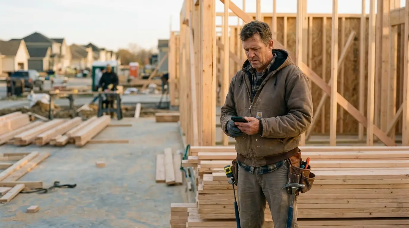 A residential remodeling contractor checking his phone on a job site