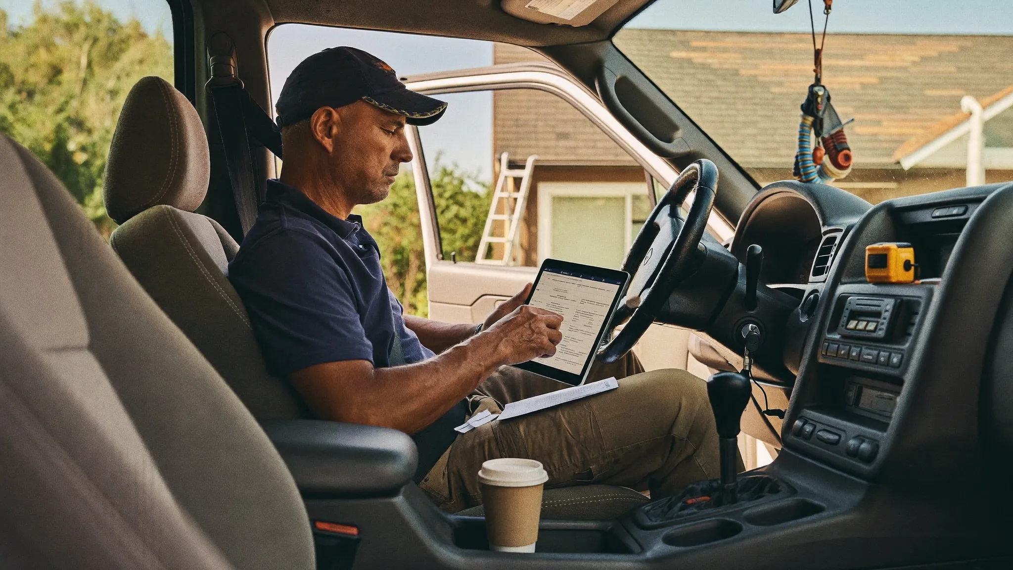 A roofing contractor sitting in his truck reviewing his job schedule on a tablet outside a reroofing job