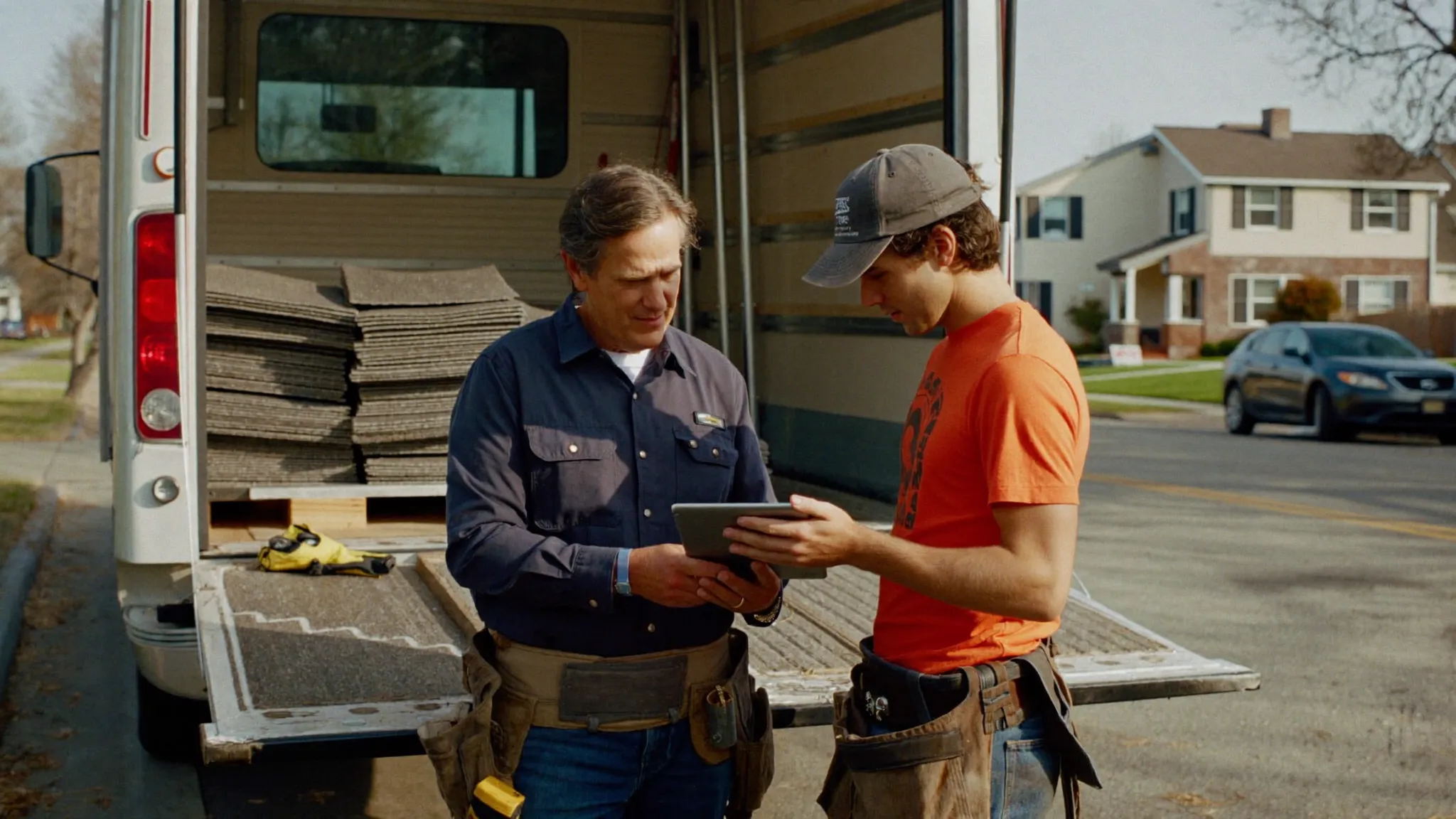 Two roofing contractors at a truck tailgate comparing software options on a tablet