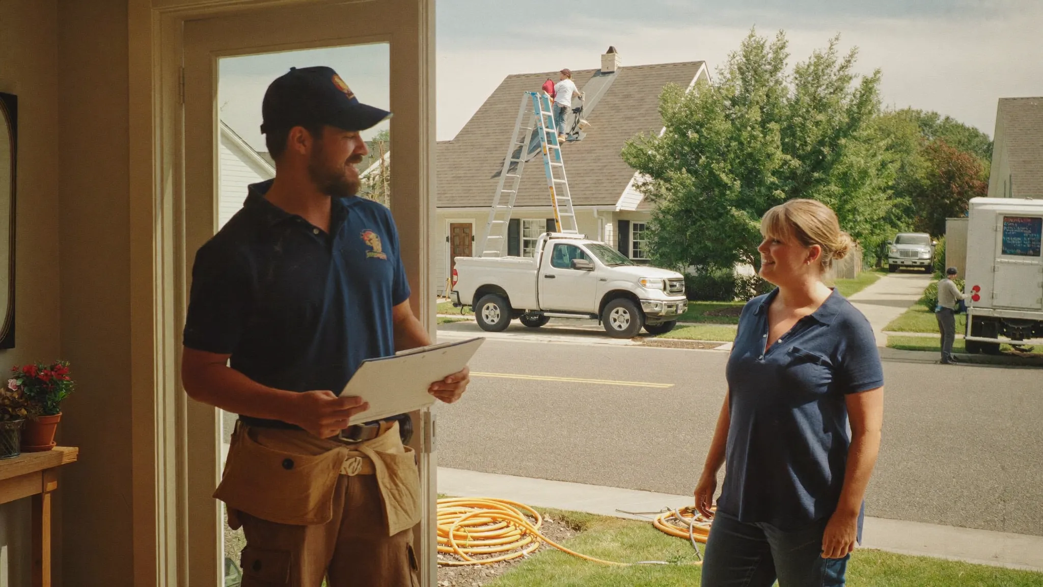 A contractor talking with a homeowner at her front door while a crew reroofs the house next door