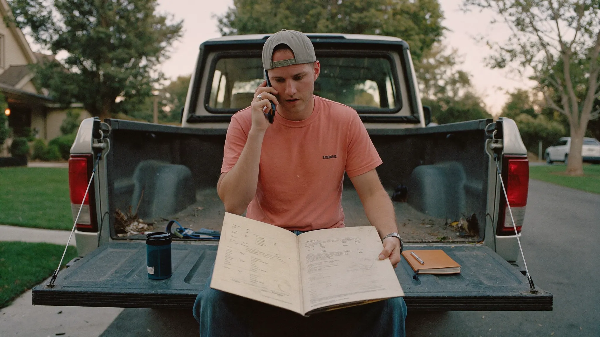 A contractor sitting on his truck tailgate calling past estimates
