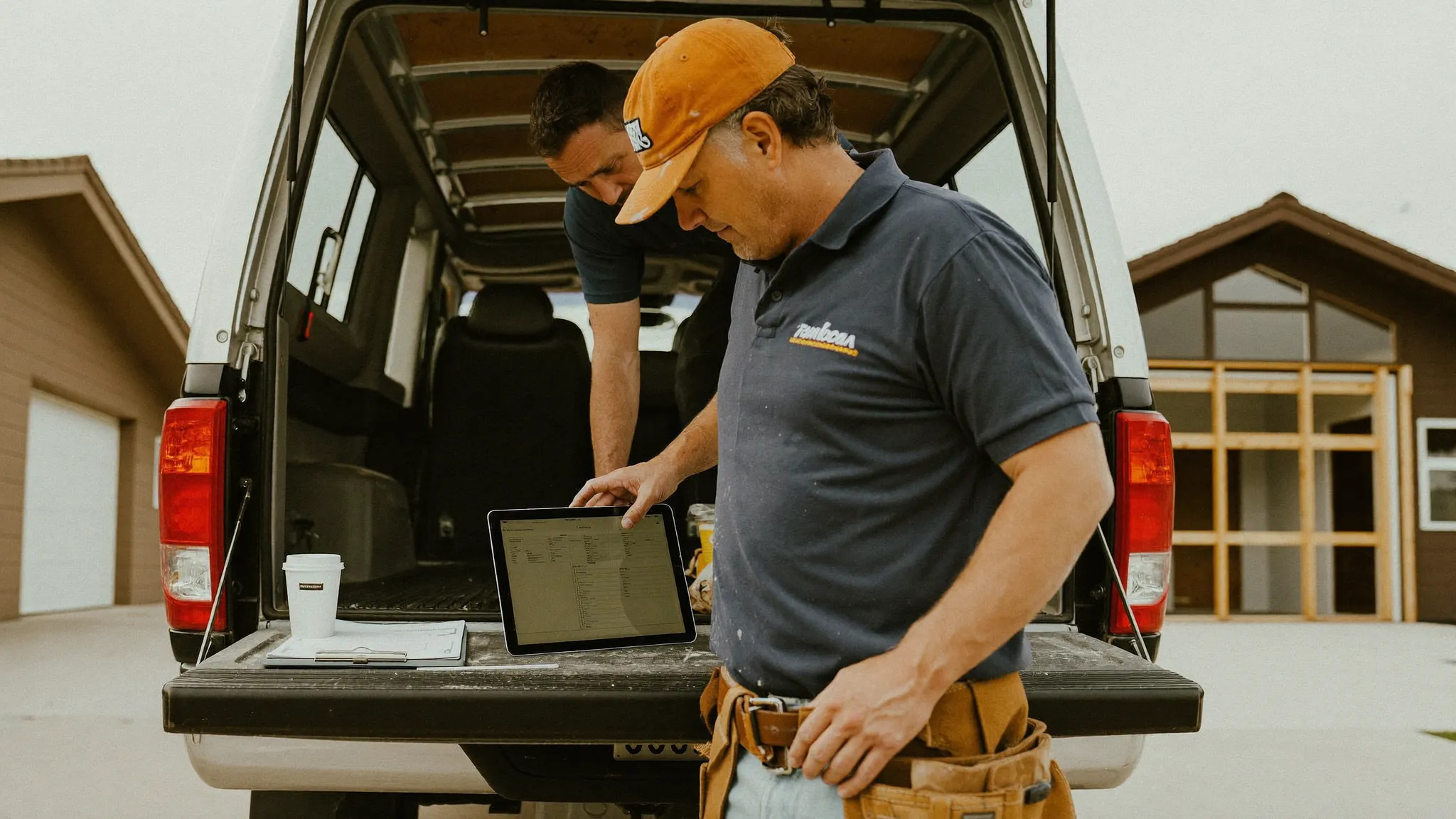 Two residential contractors at an open truck tailgate reviewing job software on a tablet outside a house under construction