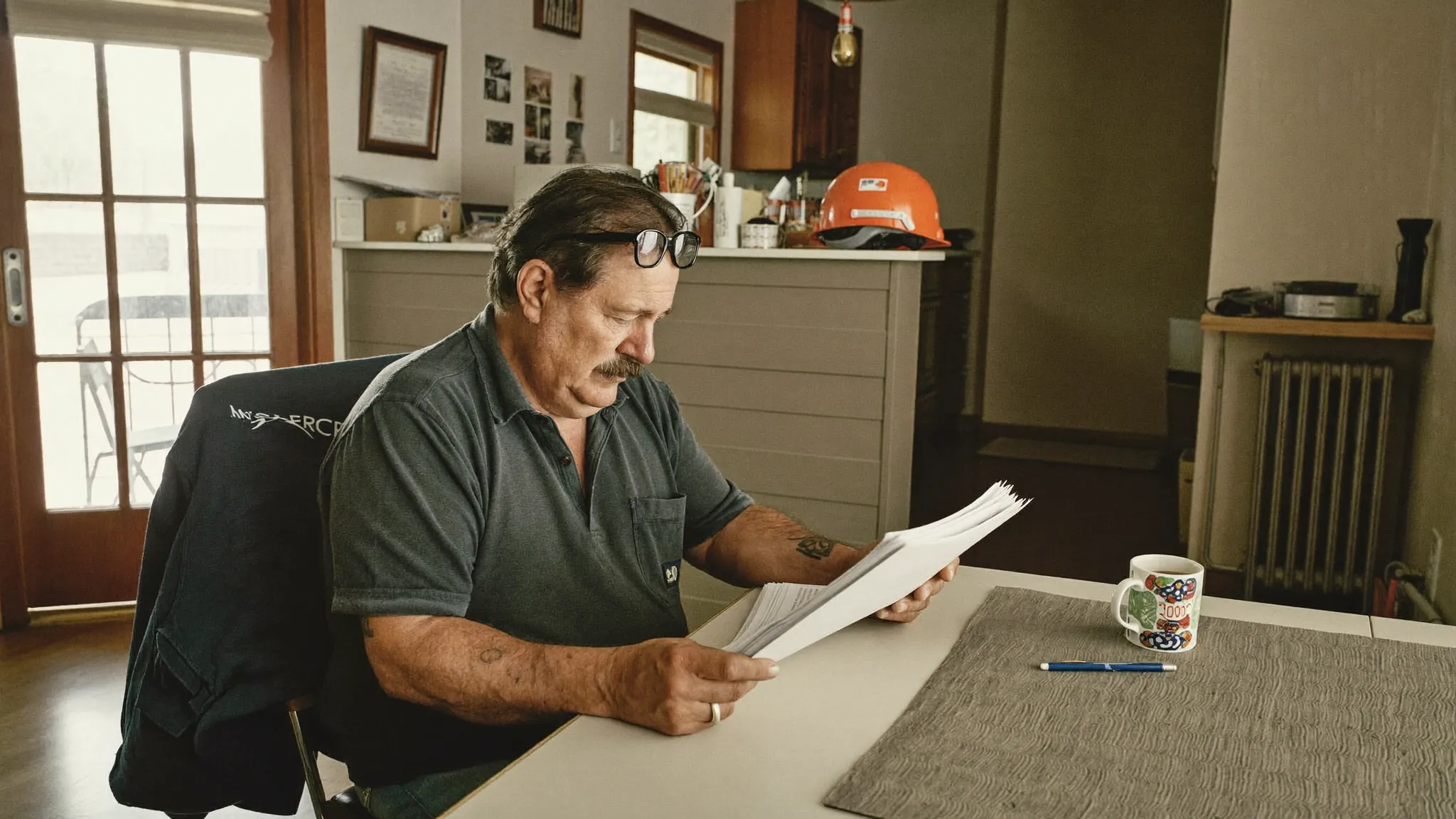 A residential contractor sitting at his kitchen table reading through a stack of insurance paperwork with a hard hat on the counter behind him