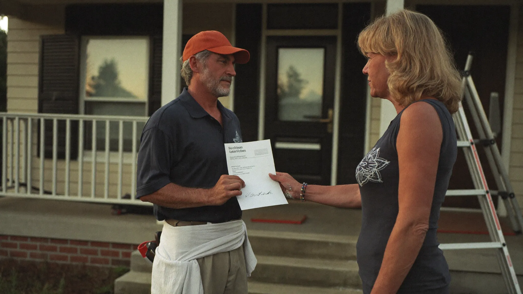 A residential contractor handing a certificate of insurance to a homeowner on her front walkway