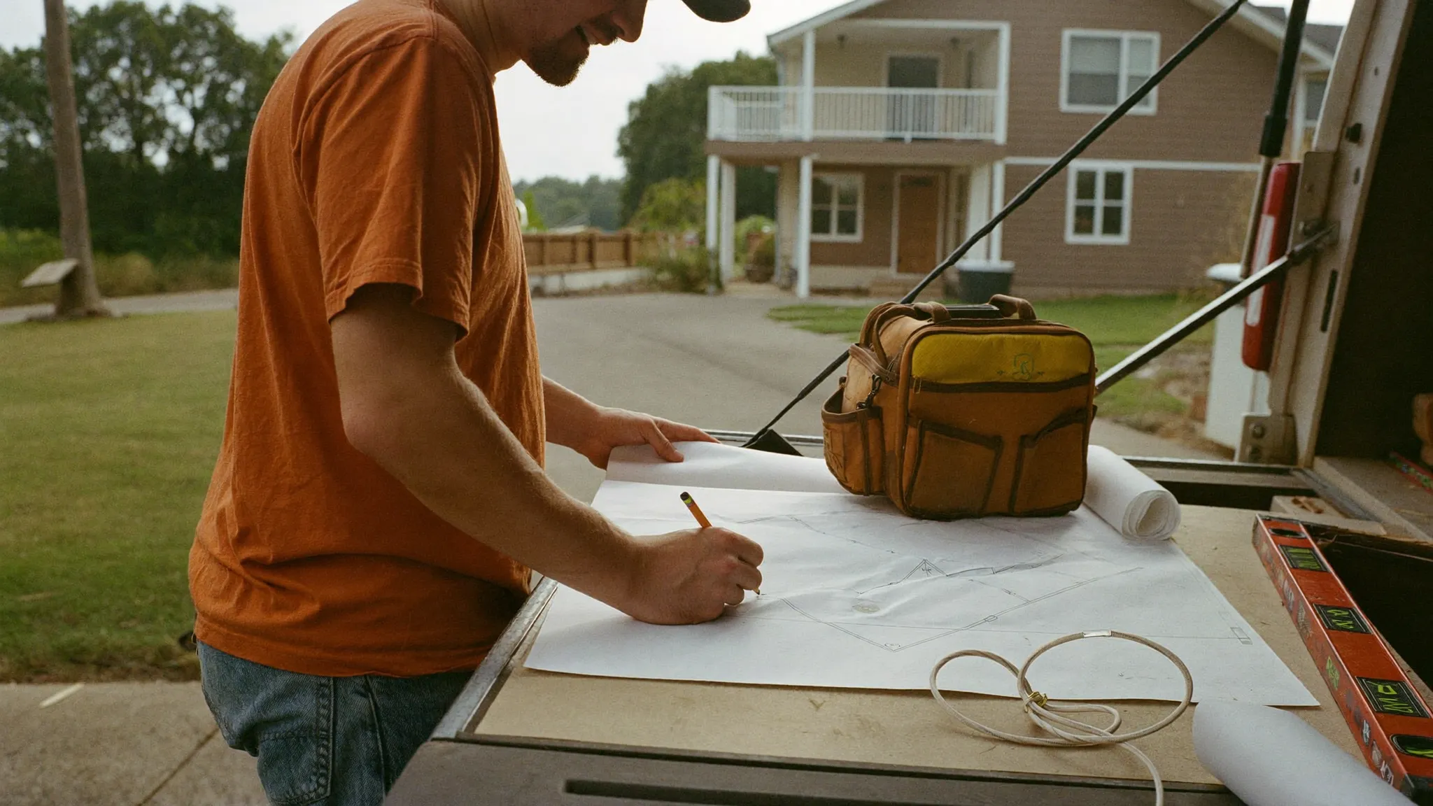 A siding contractor marking measurements on printed house plans at his truck tailgate outside a job