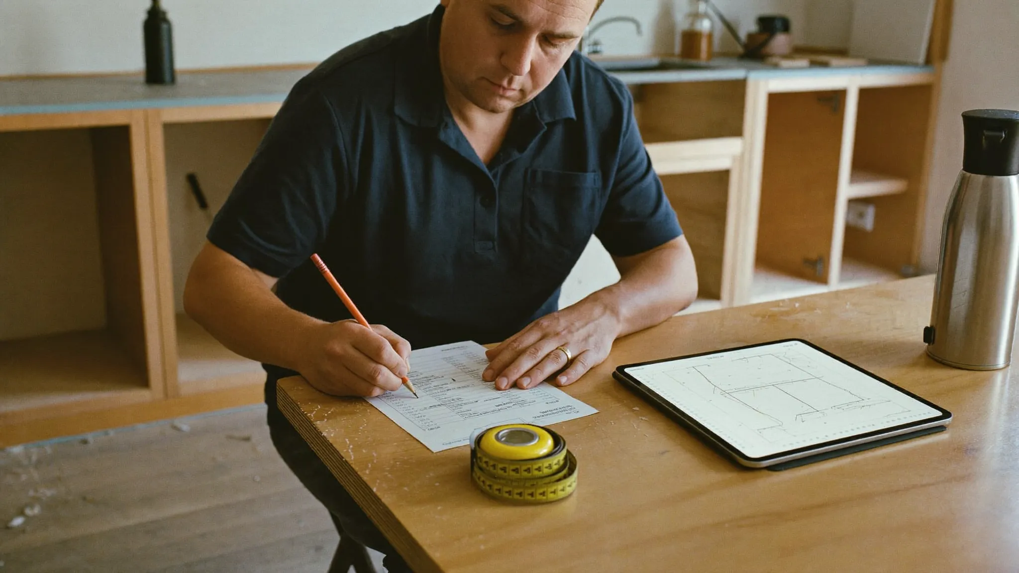 A remodeling contractor working through a job estimate at a plywood work table inside a kitchen renovation