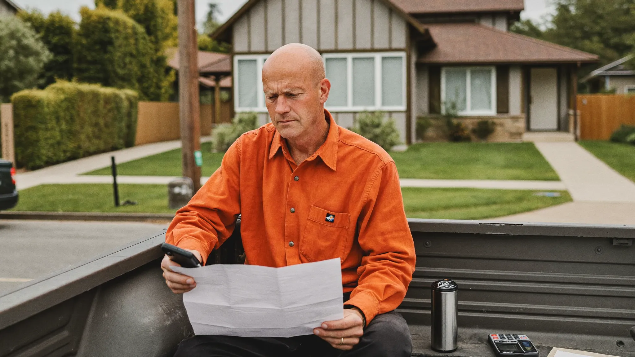 A siding contractor sitting on his open truck tailgate going through a payment processing statement with a calculator
