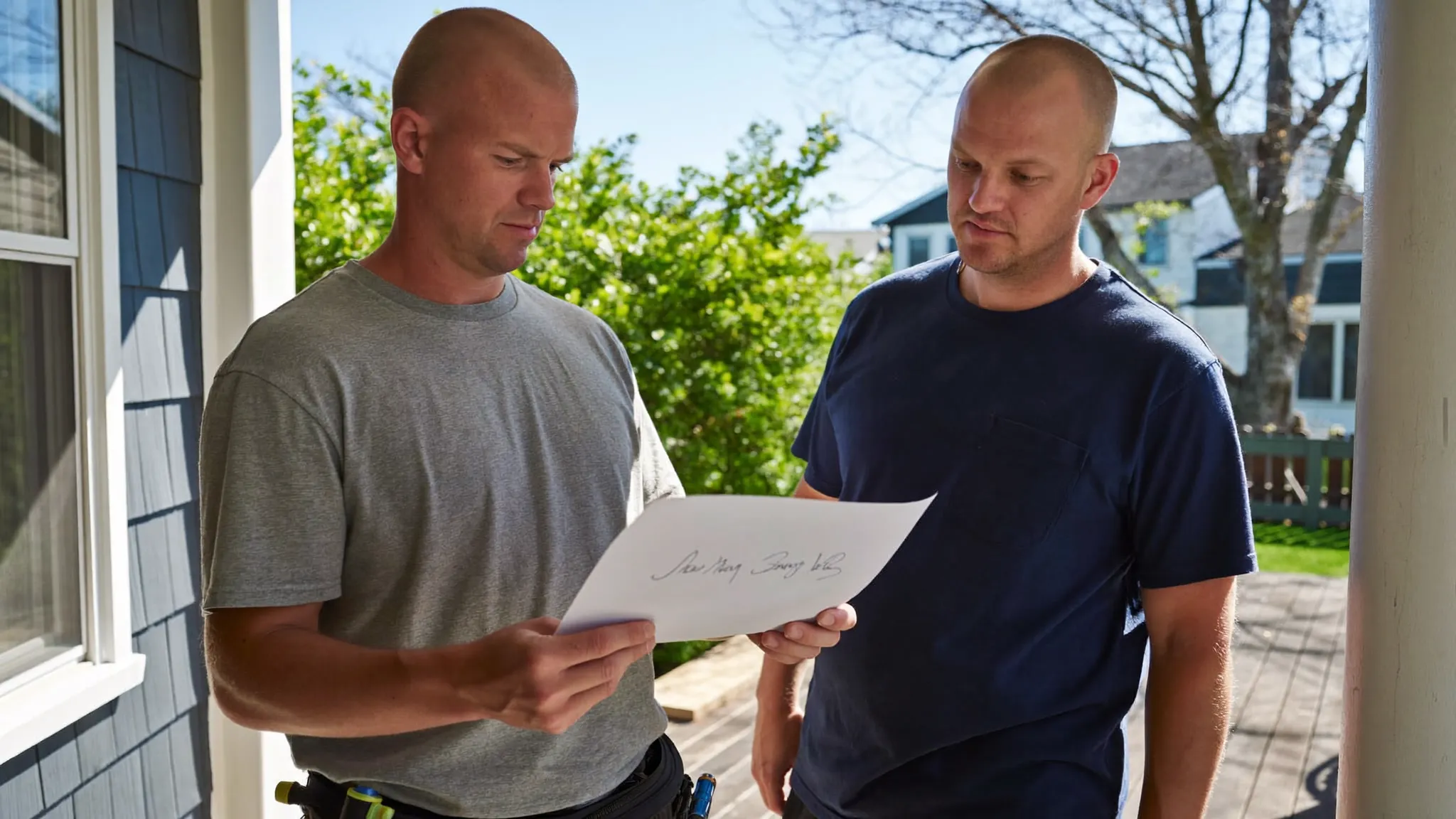 Two residential contractors on a front porch reviewing a signed lien waiver together