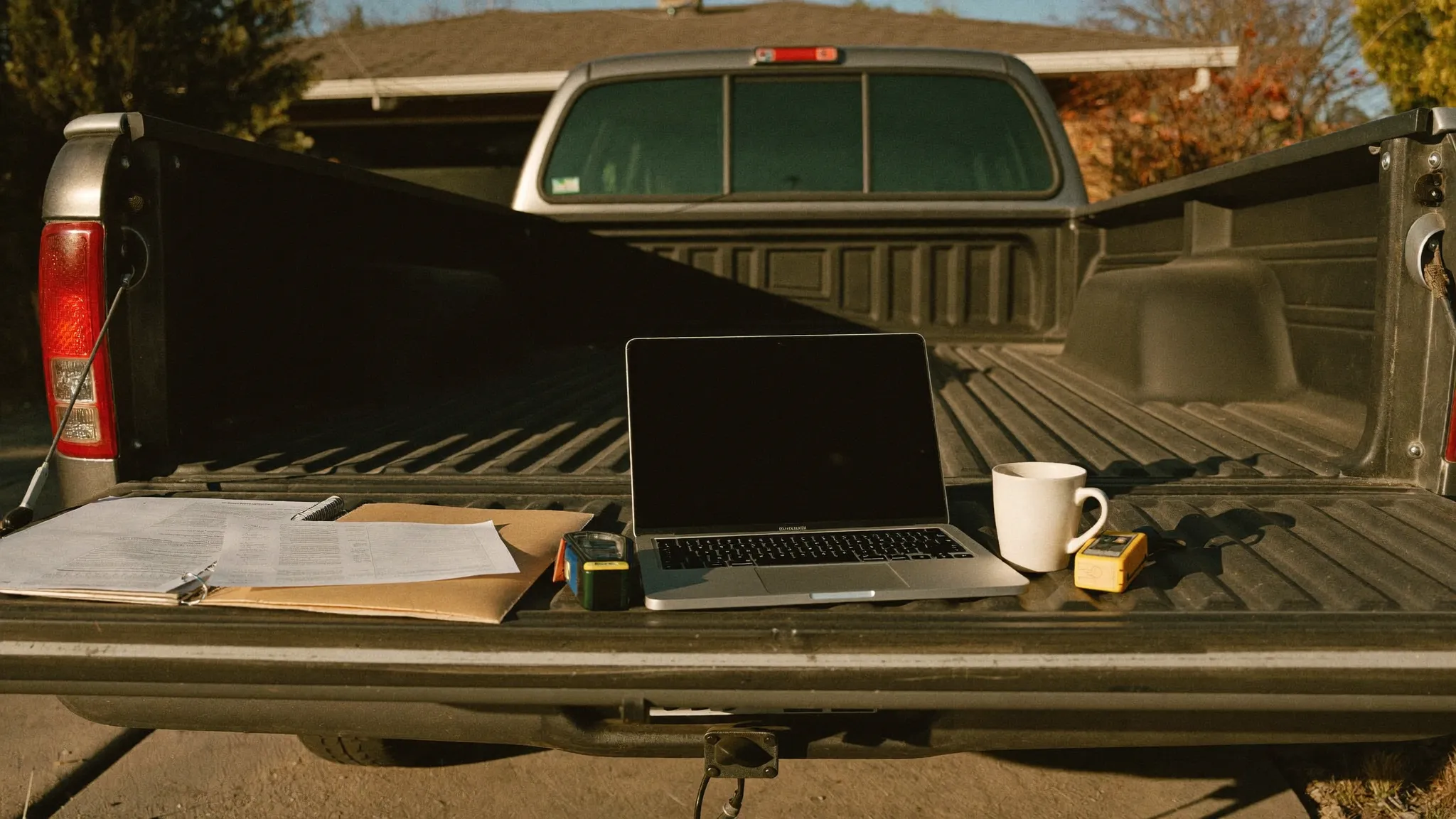 An open laptop, a folder of invoices, a coffee mug, and a tape measure on the lowered tailgate of a work truck in late afternoon light