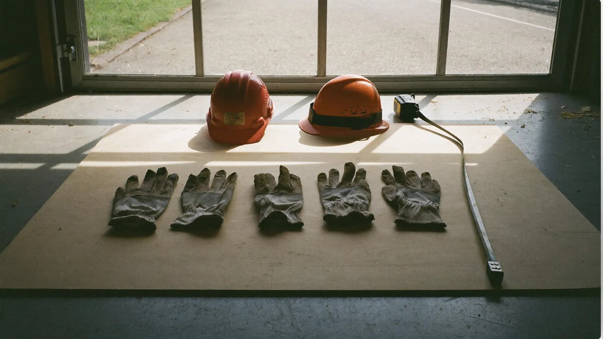 Three sets of worn work gloves and two hard hats resting in a row on a plywood sheet in a garage in morning light