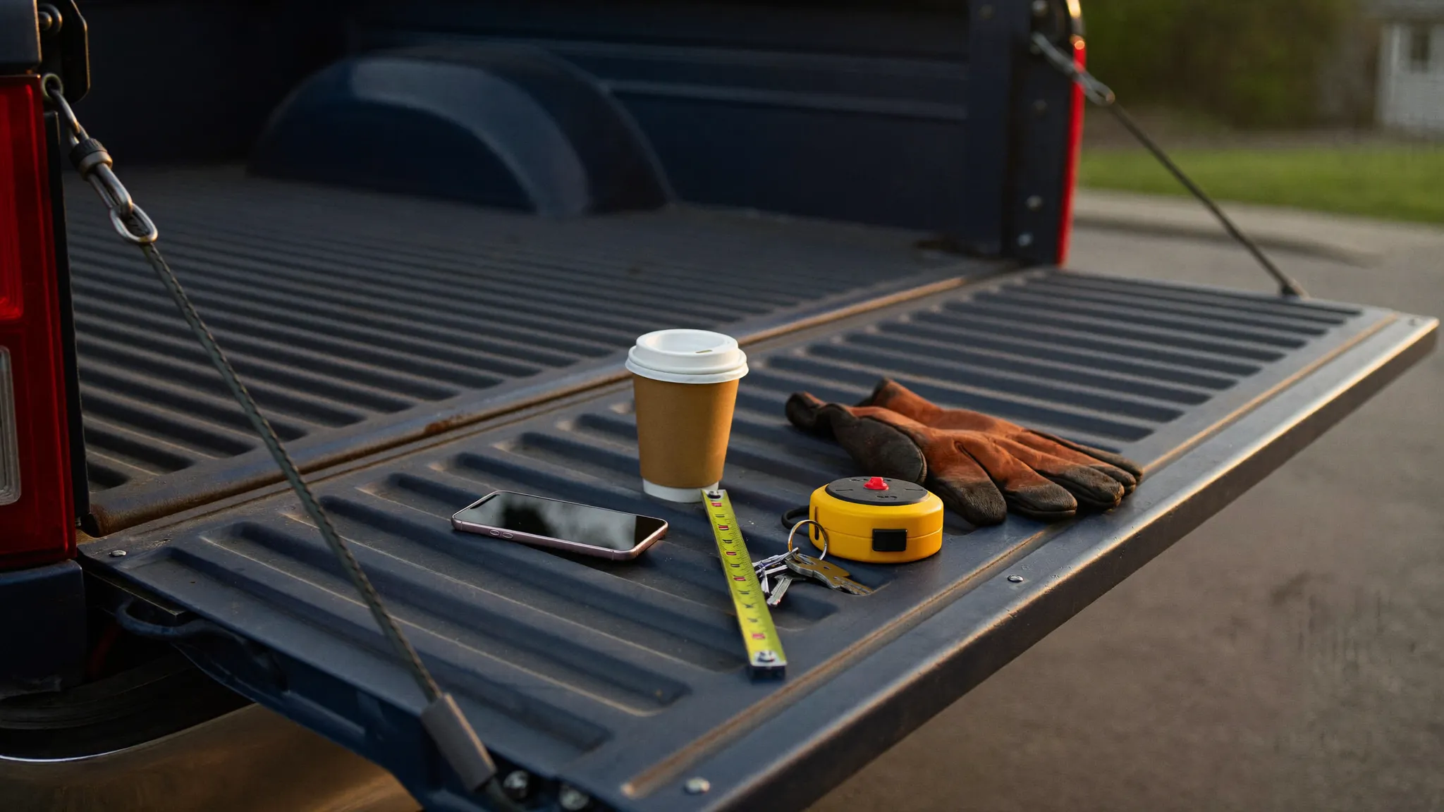 A phone lying face down beside truck keys, a tape measure, a coffee cup and a work glove on the lowered tailgate of a navy work truck at first light