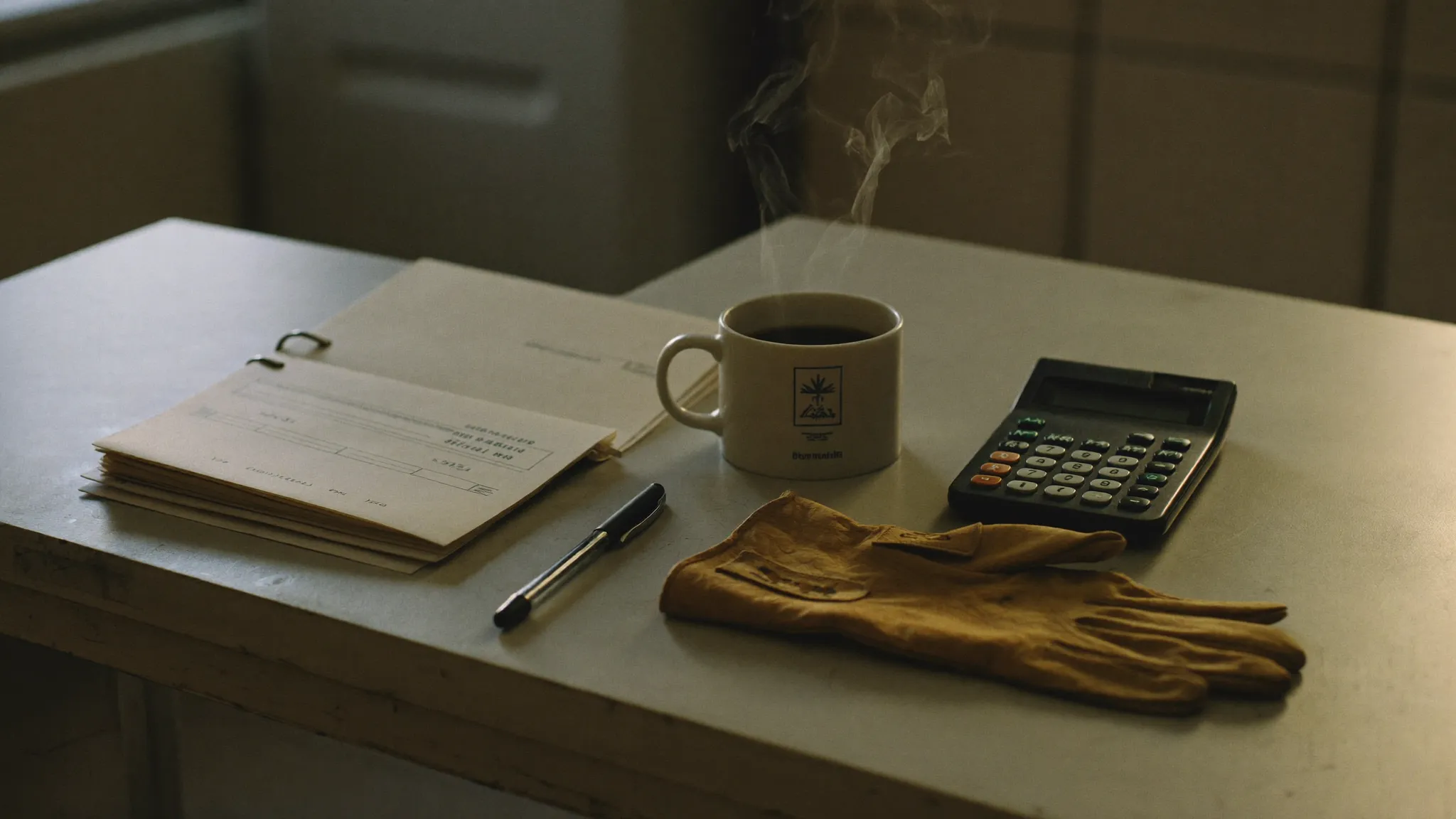 A closed manila folder, a pocket calculator, a pen, a mug of coffee and a folded pair of work gloves on a kitchen table at dawn