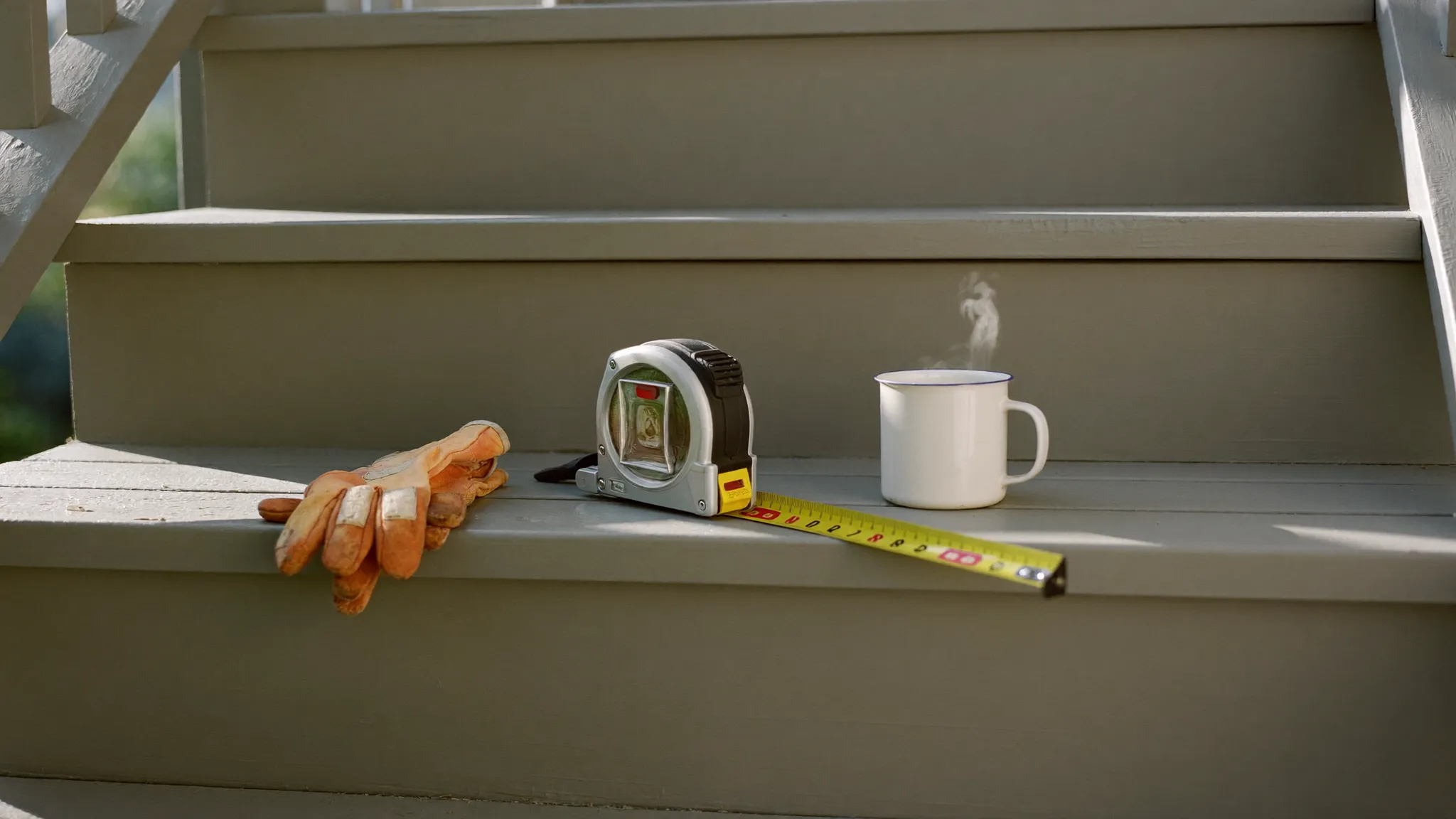 Orange work gloves, a steel tape measure and a white coffee mug resting on the front porch steps of a suburban home in soft morning light