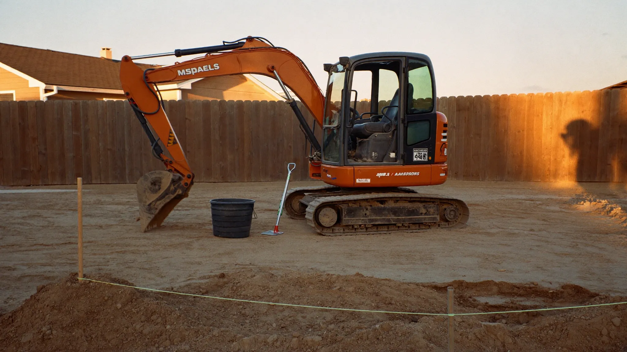 A compact orange excavator parked on graded earth in a suburban backyard at golden hour with layout stakes and string