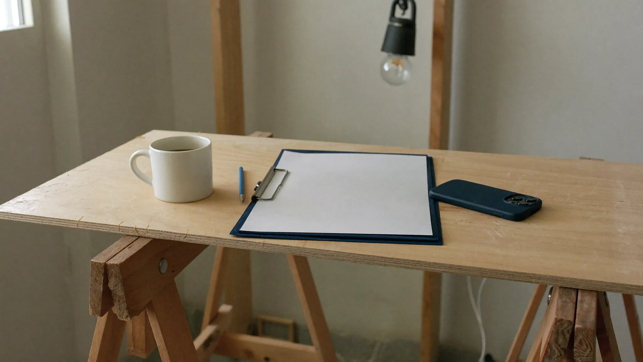 A clipboard, phone, and coffee mug on a plywood work table inside a gutted kitchen remodel