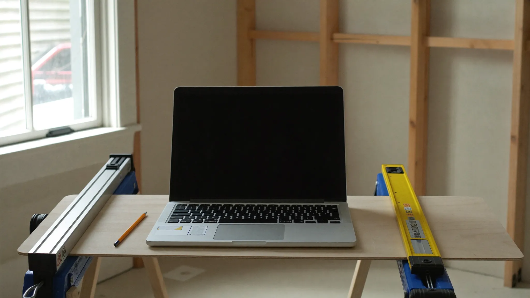 An open laptop on a plywood sawhorse bench inside a room being framed, with a level and a pencil beside it