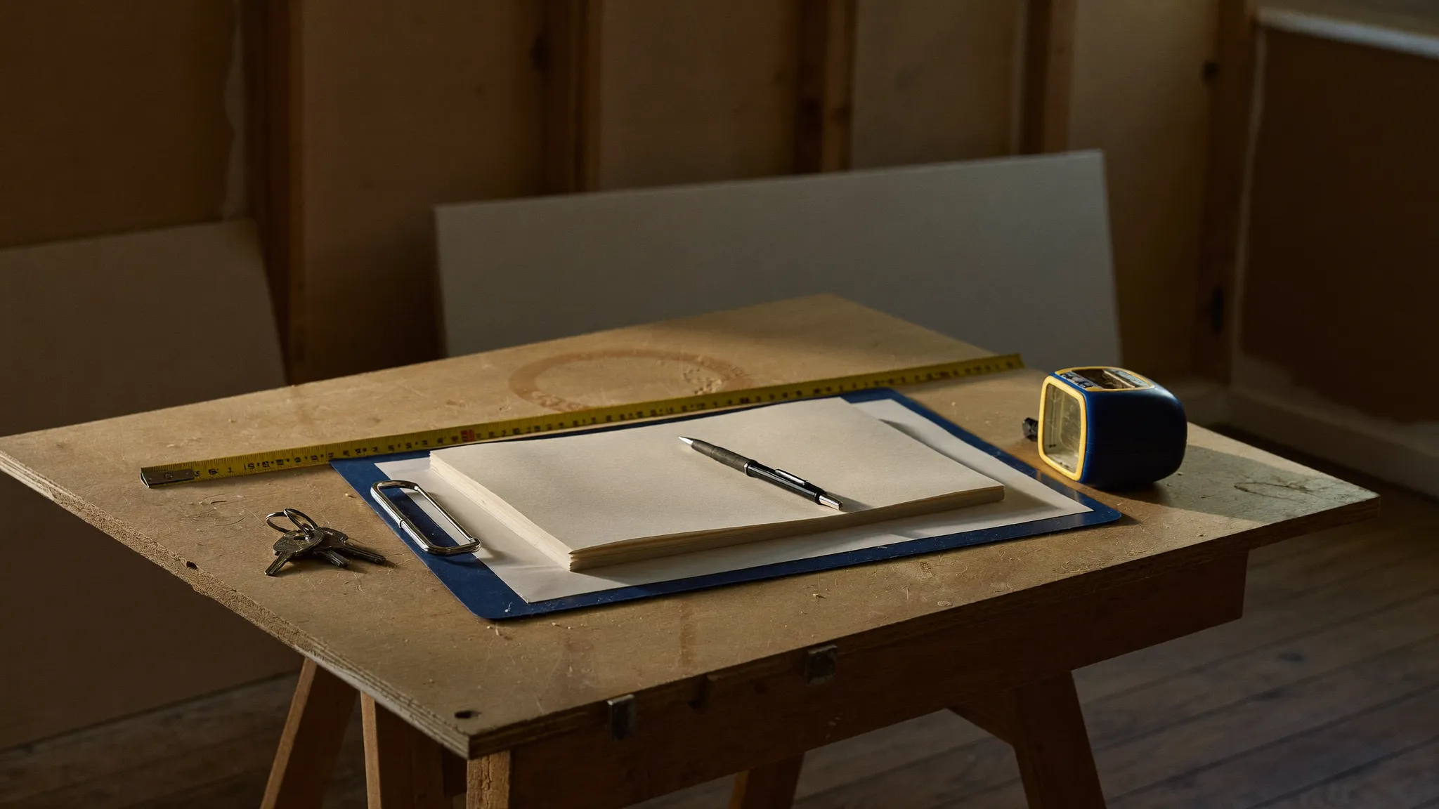 Contract paperwork on a clipboard with a pen, a tape measure, and truck keys on a plywood work table at a jobsite
