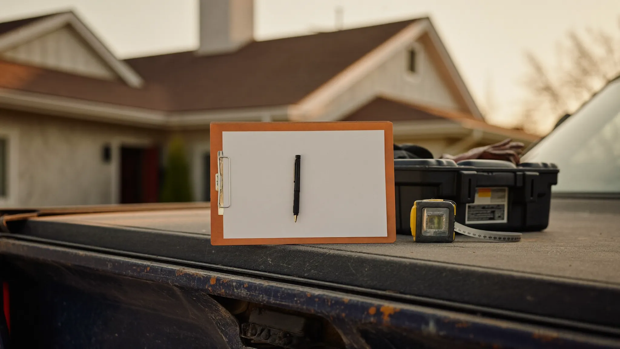 A clipboard holding a blank form propped on a pickup truck bed rail beside a toolbox and a tape measure at golden hour