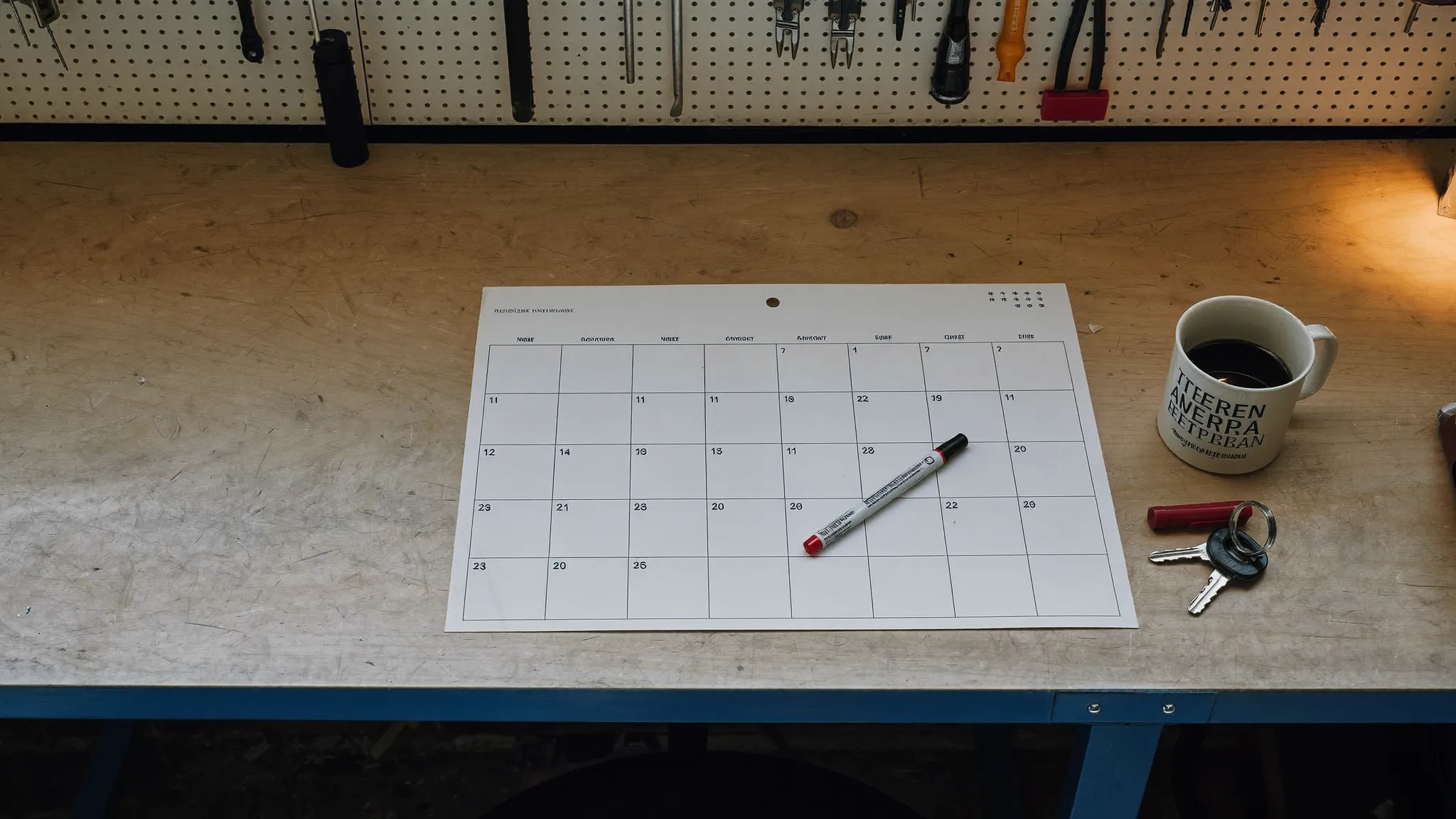 A blank month calendar laid out on a workshop bench with a red marker, a coffee mug, and a set of truck keys
