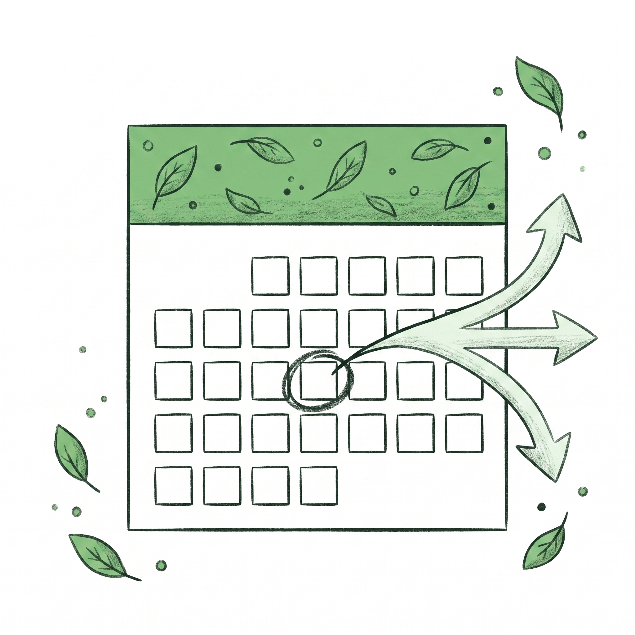 A hand-drawn calendar with one day circled and three arrows fanning out: up, level, and down.