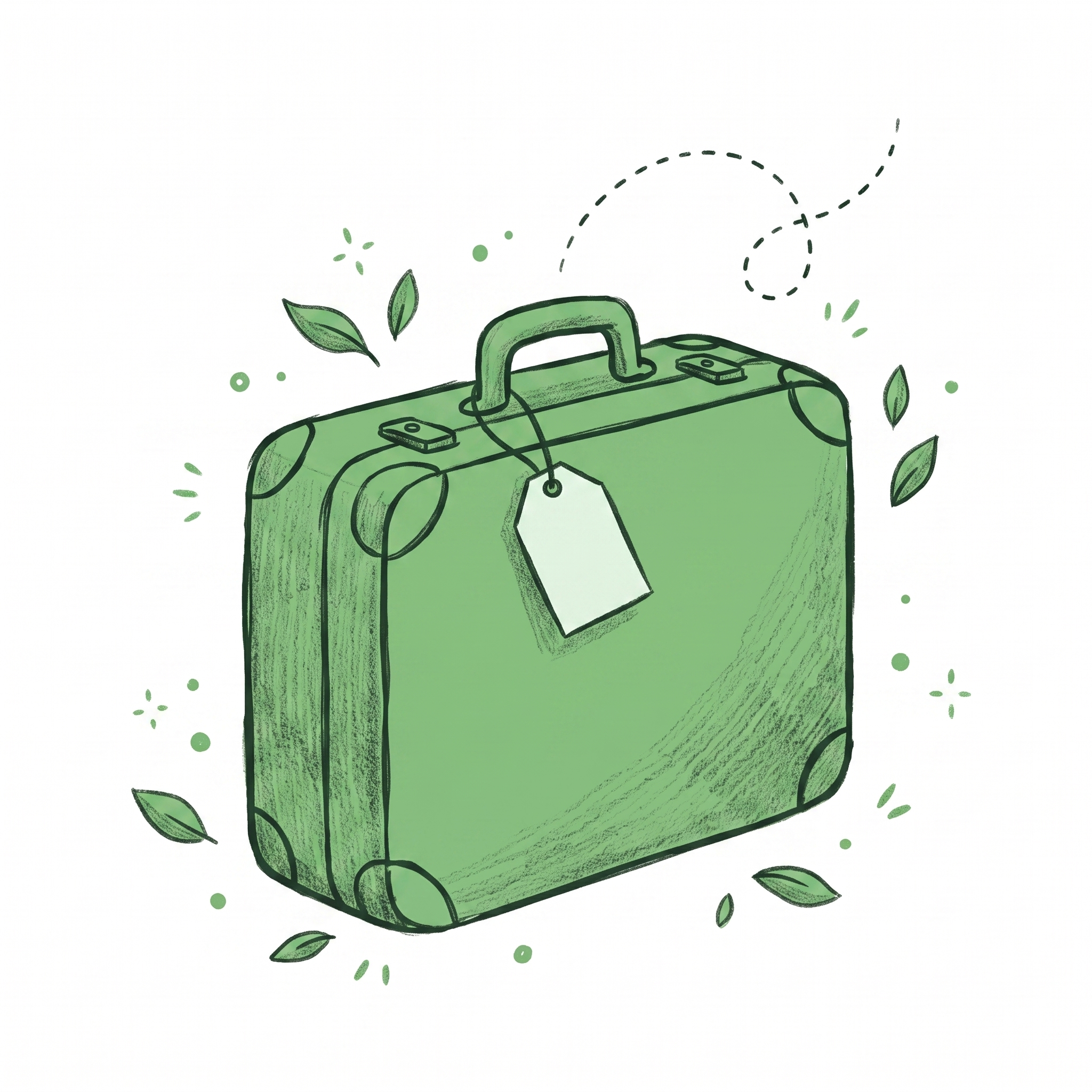 A packed green suitcase with a blank tag, waiting patiently. Its dotted flight path loops back on itself.