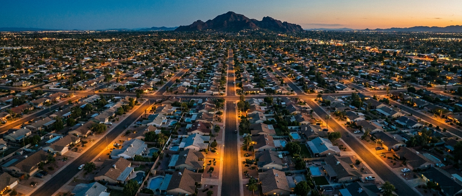 Residential streets of the Phoenix metro at dusk with desert mountains on the horizon