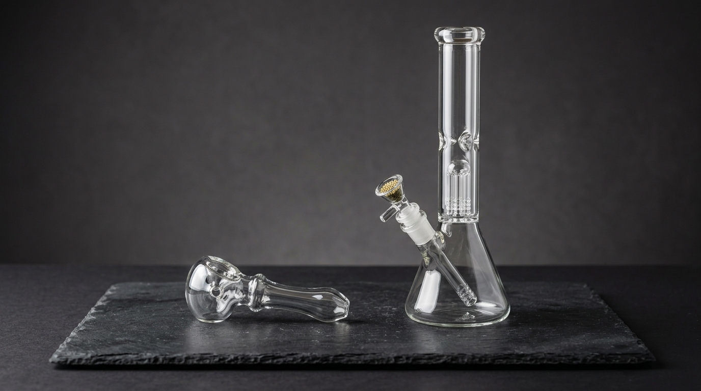 Glass bong on dark surface studio lighting