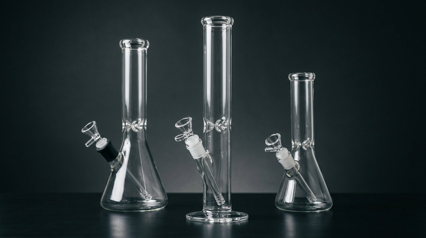 Collection of affordable glass bongs on dark background
