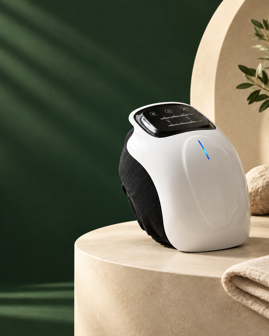 Orvena infrared heated knee massager in a warm editorial home setting
