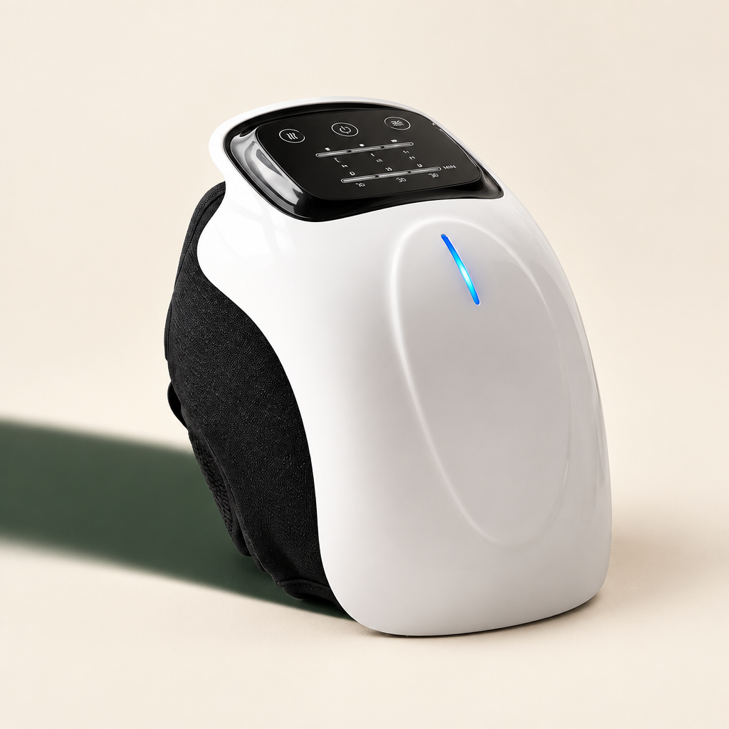 Front studio view of the Orvena infrared heated knee massager on an ivory background