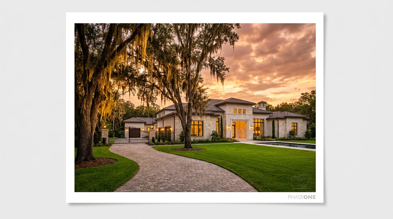 Gated estate golden hour live oaks