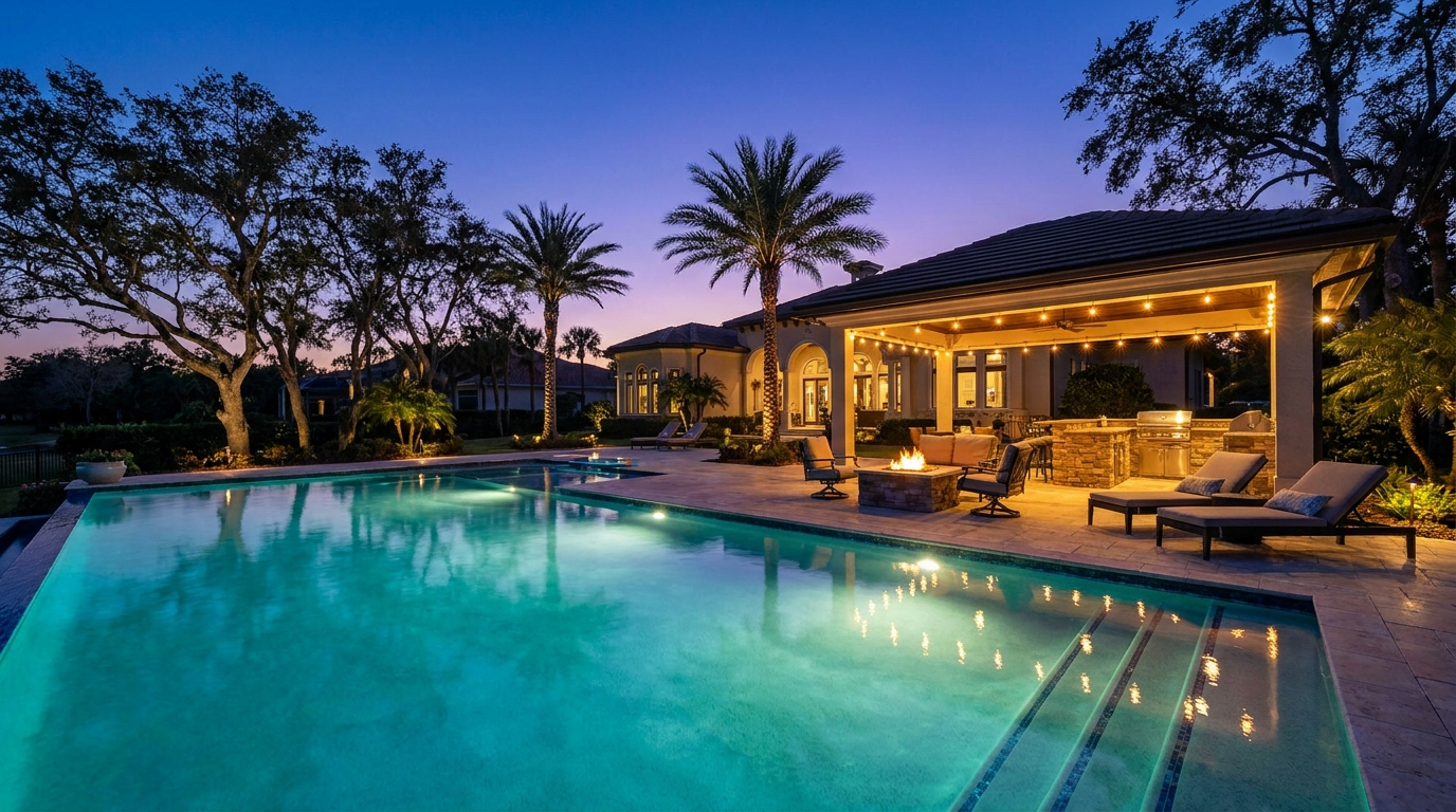 Resort pool and lanai at twilight