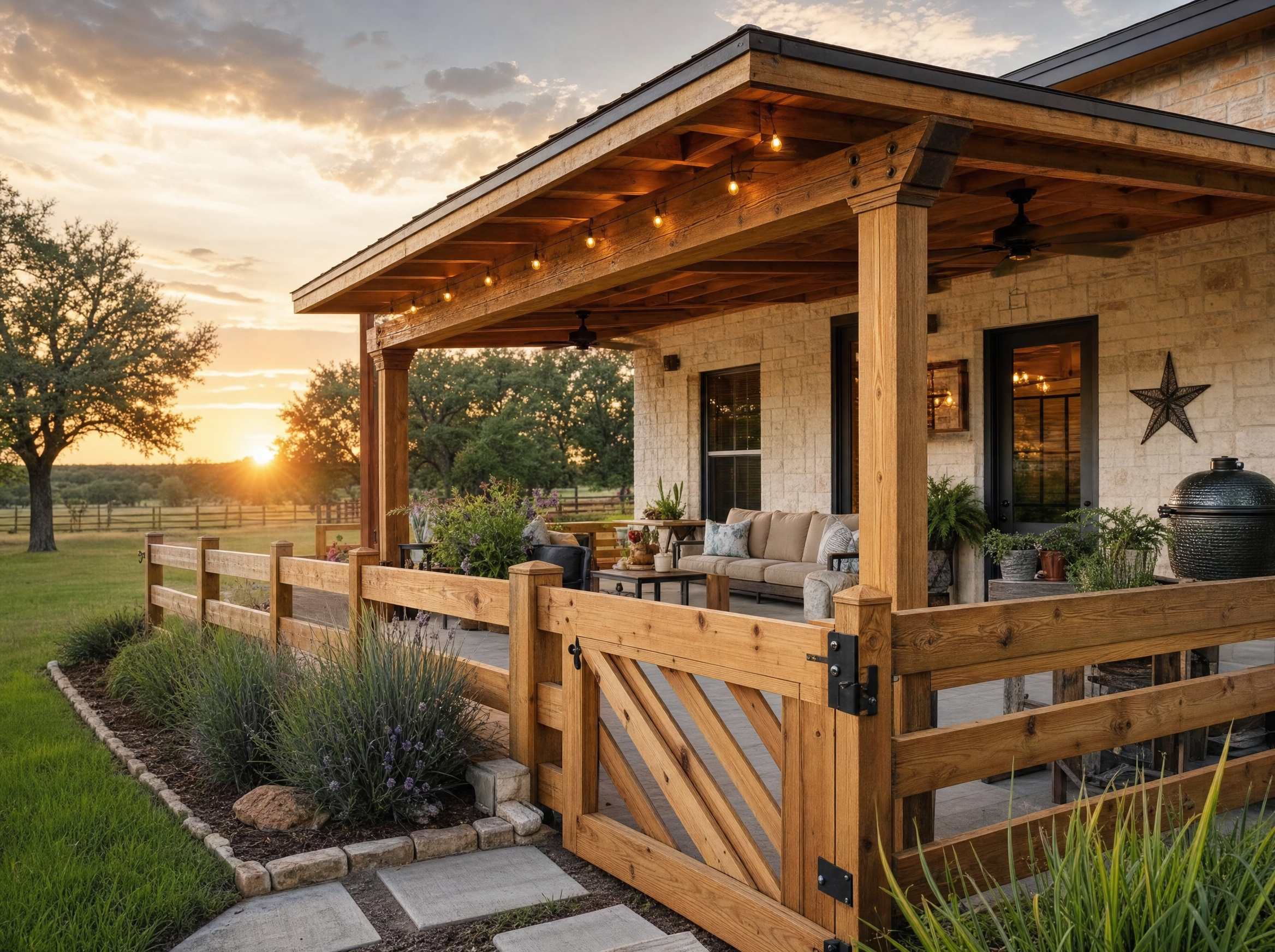 Cedar privacy fence and covered back porch on a Texas ranch home at sunset