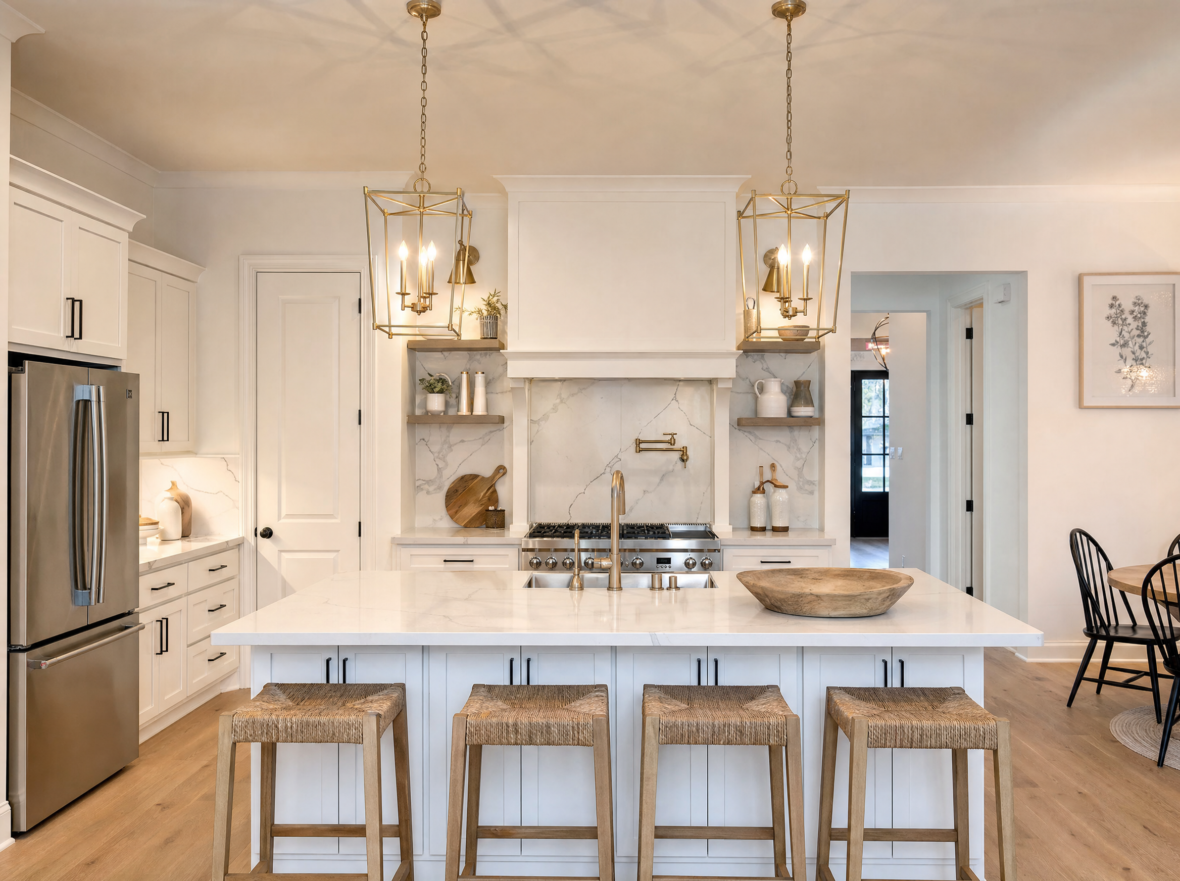 Newly renovated kitchen with white cabinets, tile backsplash, and a stainless steel range