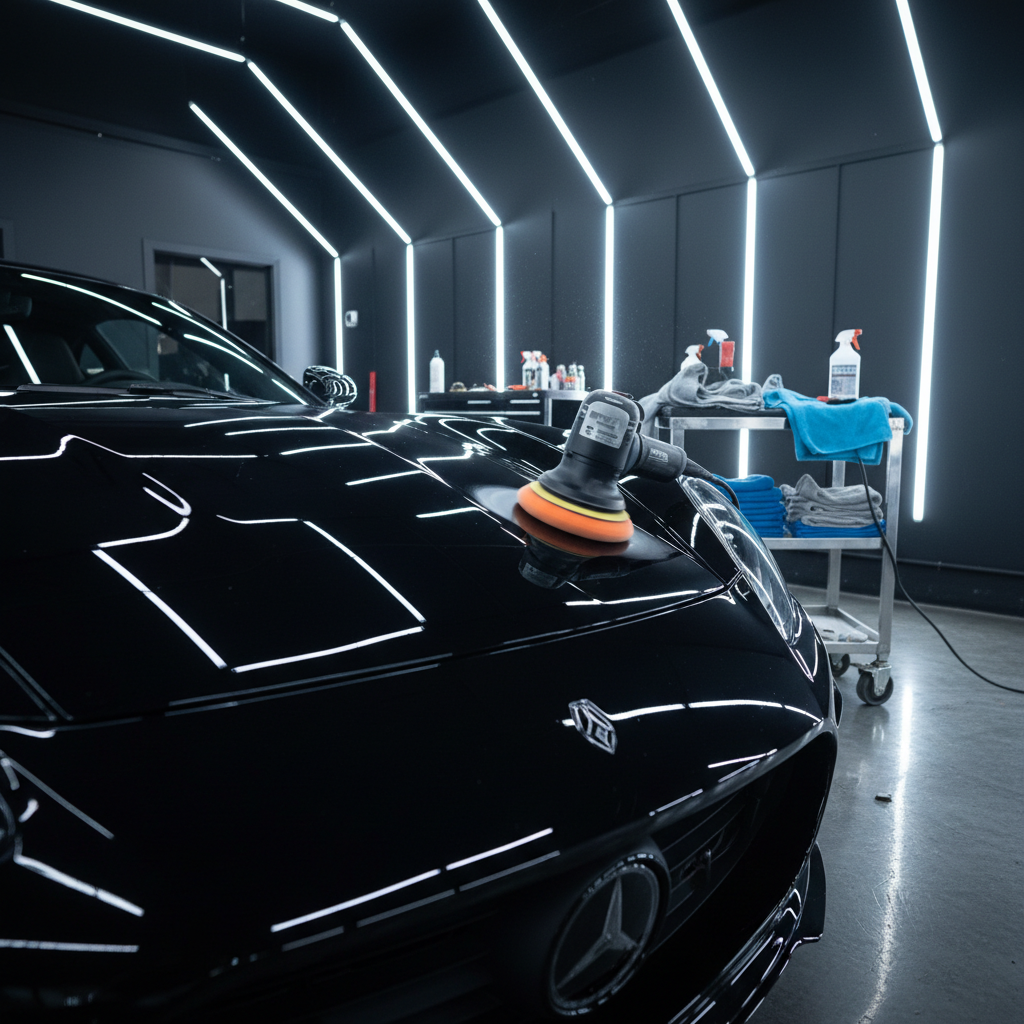 Close-up of polished black car bodywork