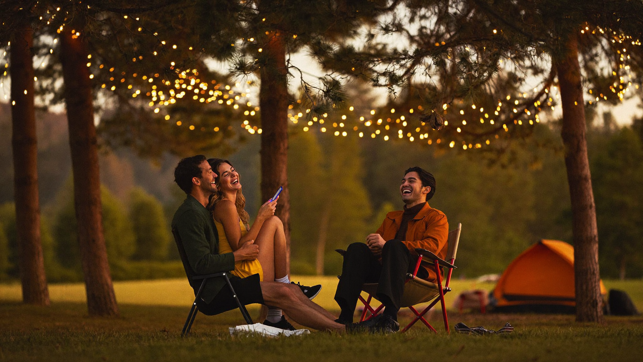 Couple enjoying Lume string lights at a campsite