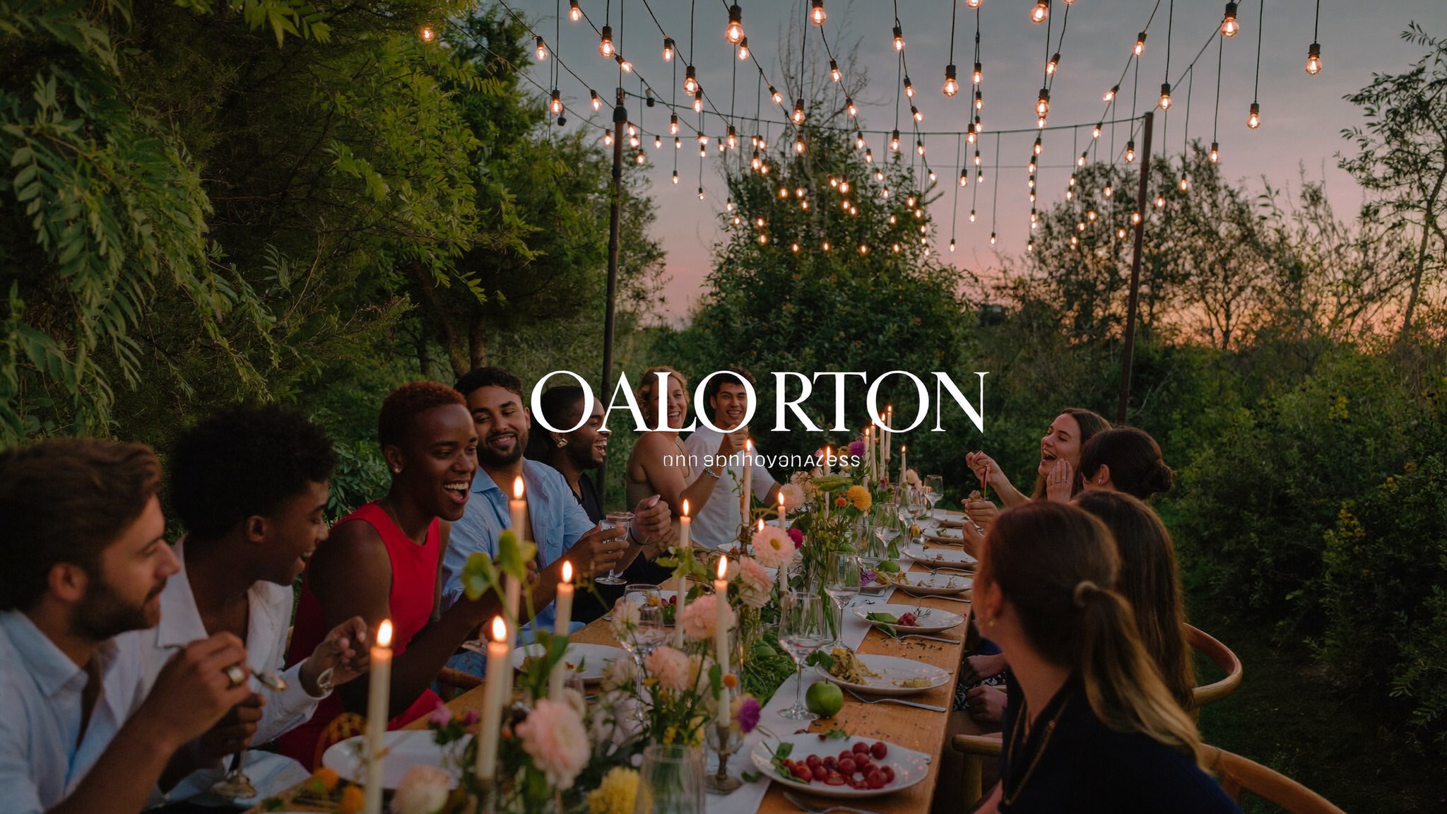 Friends dining under Lume garden string lights